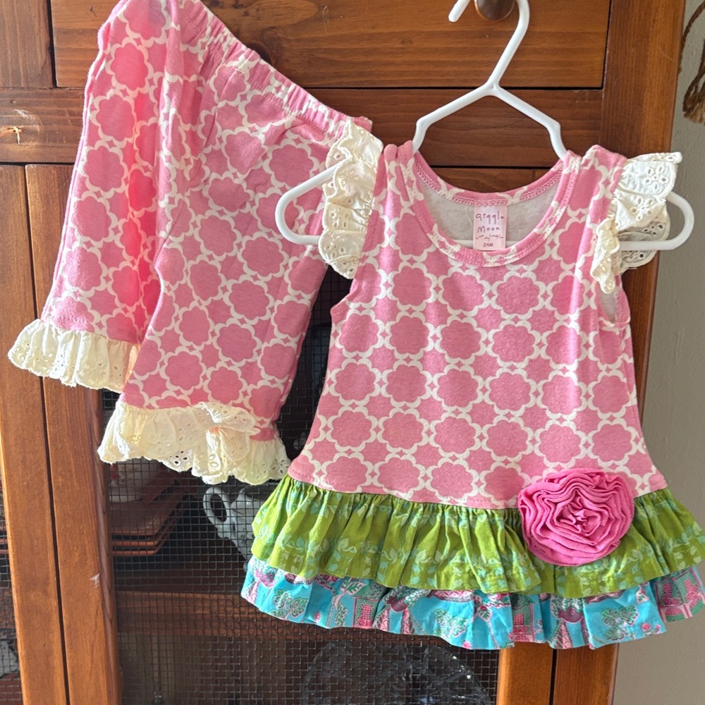 Giggle Moon Pink and Cream Girls Ruffle Matching Set